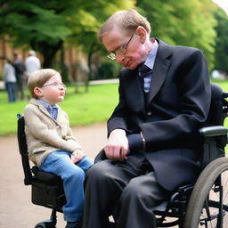 Professor Stephen Hawking sitting in his wheelchair, engaged in a lively discussion with a curious little child beside him.