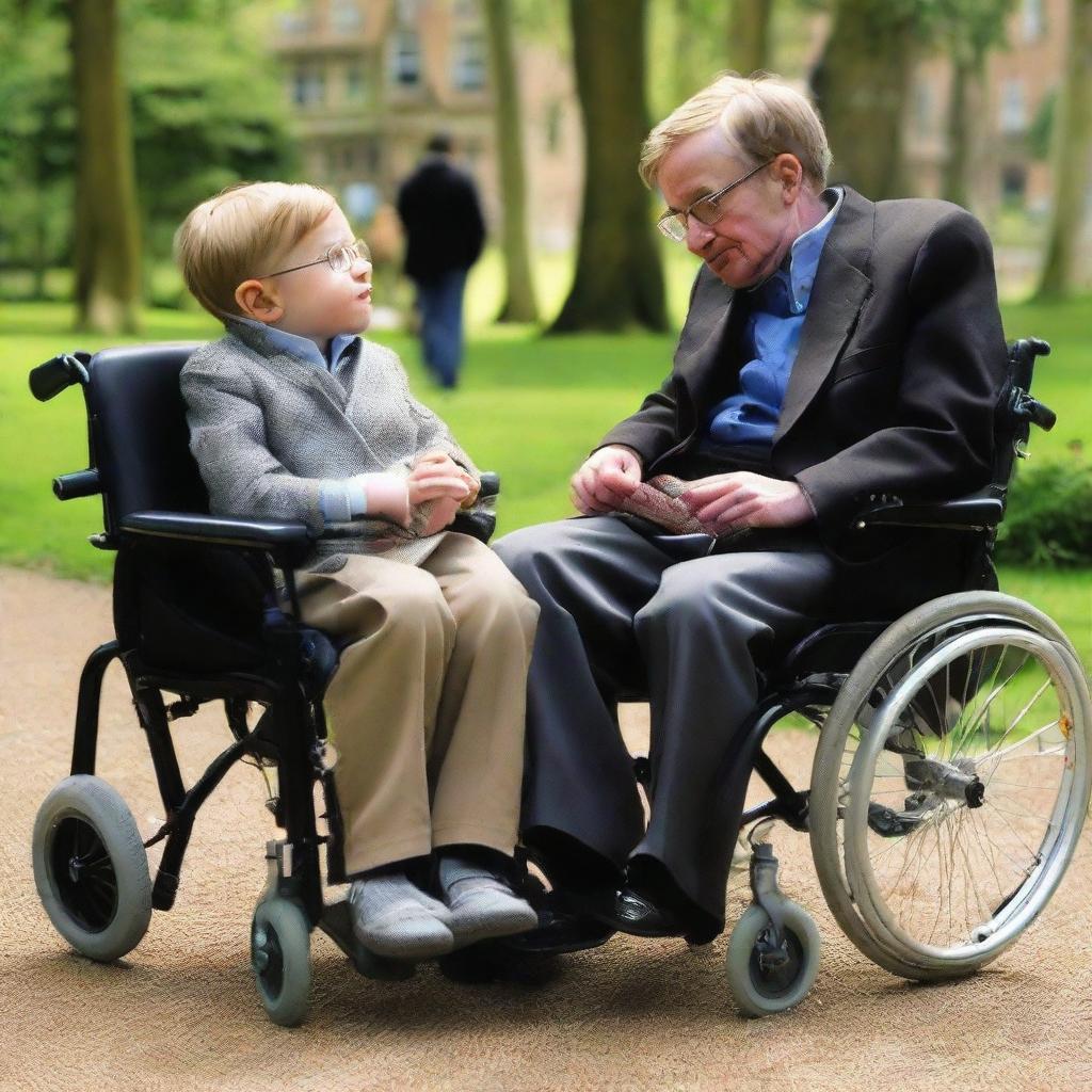 Professor Stephen Hawking sitting in his wheelchair, engaged in a lively discussion with a curious little child beside him.