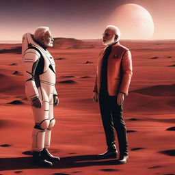 Elon Musk and Narendra Modi, standing on Mars, engaged in a deep conversation against a red Martian landscape and the vast backdrop of space.