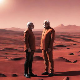 Elon Musk and Narendra Modi, standing on Mars, engaged in a deep conversation against a red Martian landscape and the vast backdrop of space.