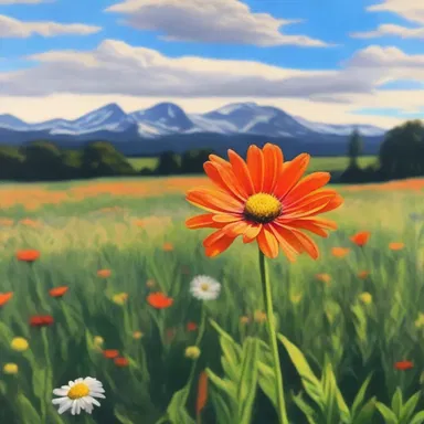 The artist painted a stunning landscape featuring an orange daisy in full bloom, capturing its vibrant colors in vivid detail.