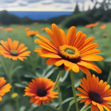 The artist painted a stunning landscape featuring an orange daisy in full bloom, capturing its vibrant colors in vivid detail.