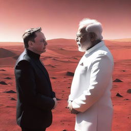 Elon Musk and Narendra Modi, standing on Mars, engaged in a deep conversation against a red Martian landscape and the vast backdrop of space.