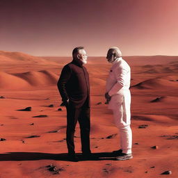 Elon Musk and Narendra Modi, standing on Mars, engaged in a deep conversation against a red Martian landscape and the vast backdrop of space.