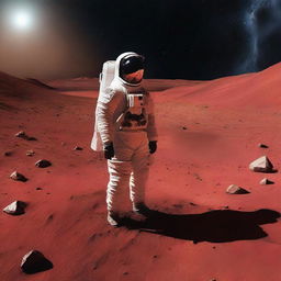 Narendra Modi, standing in a space suit on the rugged Martian surface, framed by the red terrain and distant stars in the far-off universe.