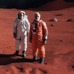 Narendra Modi, standing in a space suit on the rugged Martian surface, framed by the red terrain and distant stars in the far-off universe.