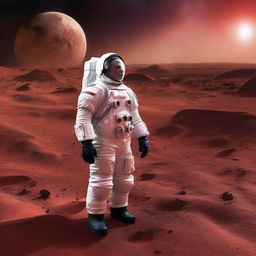 Narendra Modi, standing in a space suit on the rugged Martian surface, framed by the red terrain and distant stars in the far-off universe.