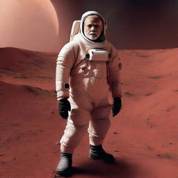 Narendra Modi, standing in a space suit on the rugged Martian surface, framed by the red terrain and distant stars in the far-off universe.