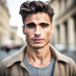 Generate an image of a handsome man with features that are conventionally attractive, such as sharp jawline, strong brows, and captivating eyes.