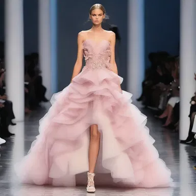 On the runway, the model wore a stunning dress with pleading ruffles cascading down the front, adding a touch of elegance and drama to the ensemble.