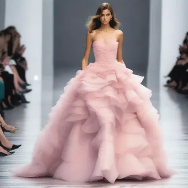 On the runway, the model wore a stunning dress with pleading ruffles cascading down the front, adding a touch of elegance and drama to the ensemble.