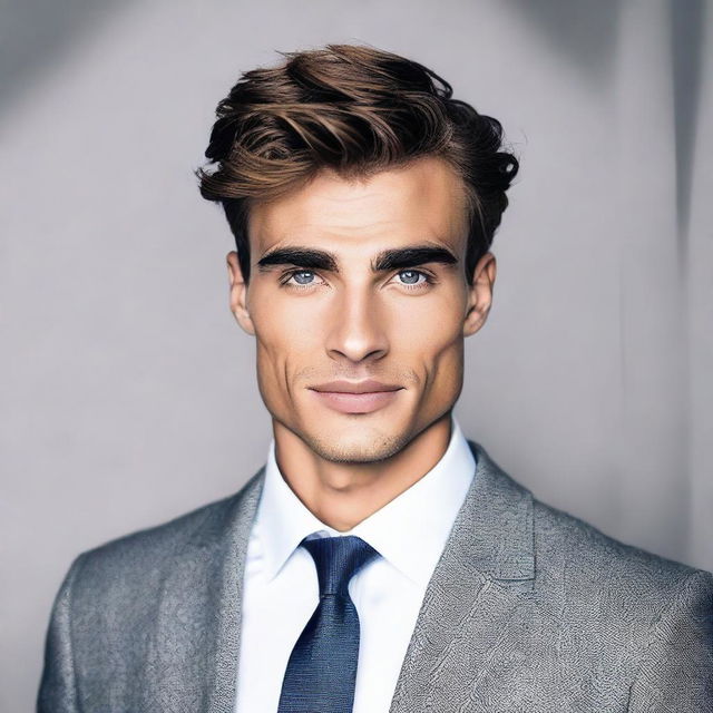 Generate an image of a handsome man with features that are conventionally attractive, such as sharp jawline, strong brows, and captivating eyes.