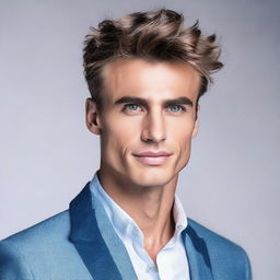 Modify the image of the man, augmenting his features to be even more attractive, emphasizing a chiseled jawline, captivating eyes and perfectly styled hair.