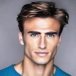 Modify the image of the man, augmenting his features to be even more attractive, emphasizing a chiseled jawline, captivating eyes and perfectly styled hair.