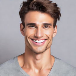 Elevate the attractiveness of the man in the image by enhancing his symmetrical facial features, piercing eyes and brilliant smile, giving him an ultra-handsome look.