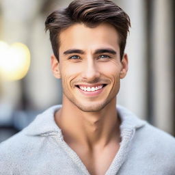 Elevate the attractiveness of the man in the image by enhancing his symmetrical facial features, piercing eyes and brilliant smile, giving him an ultra-handsome look.