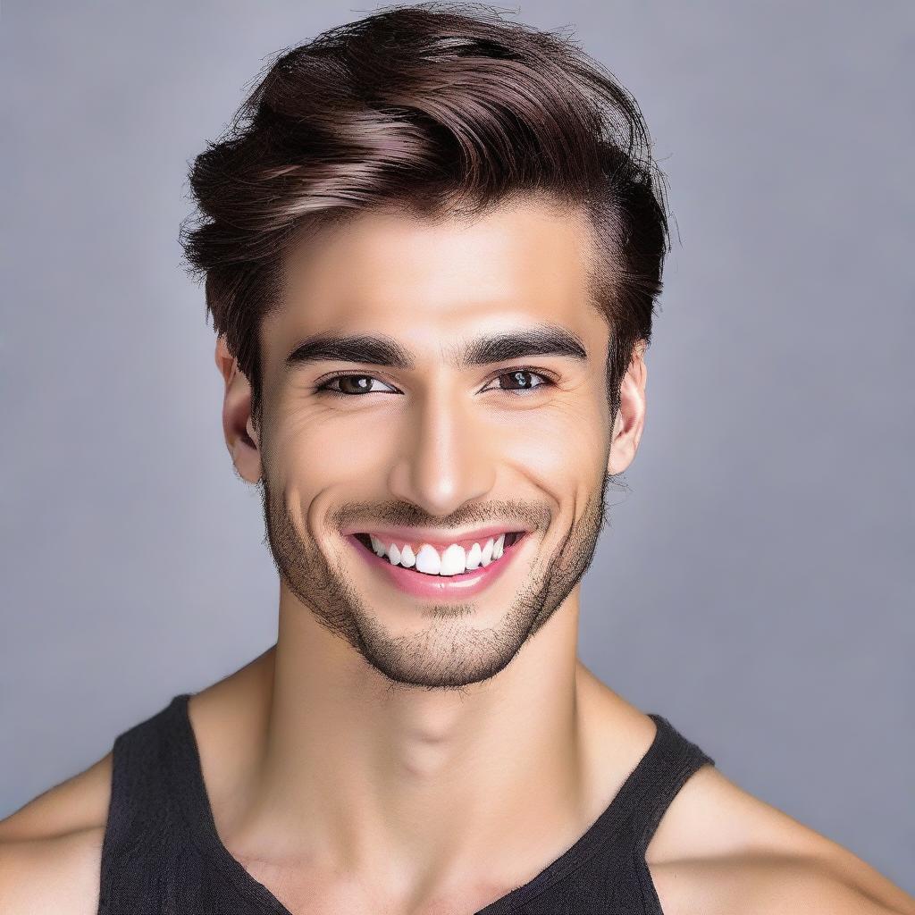 Elevate the attractiveness of the man in the image by enhancing his symmetrical facial features, piercing eyes and brilliant smile, giving him an ultra-handsome look.