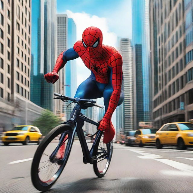 Spiderman in his vibrant red and blue suit confidently cycling through the city streets with skyscrapers in the background