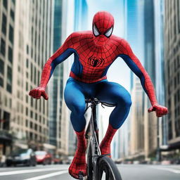 Spiderman in his vibrant red and blue suit confidently cycling through the city streets with skyscrapers in the background