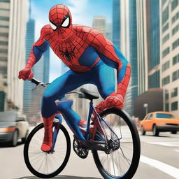 Spiderman in his vibrant red and blue suit confidently cycling through the city streets with skyscrapers in the background