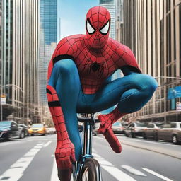 Spiderman in his vibrant red and blue suit confidently cycling through the city streets with skyscrapers in the background