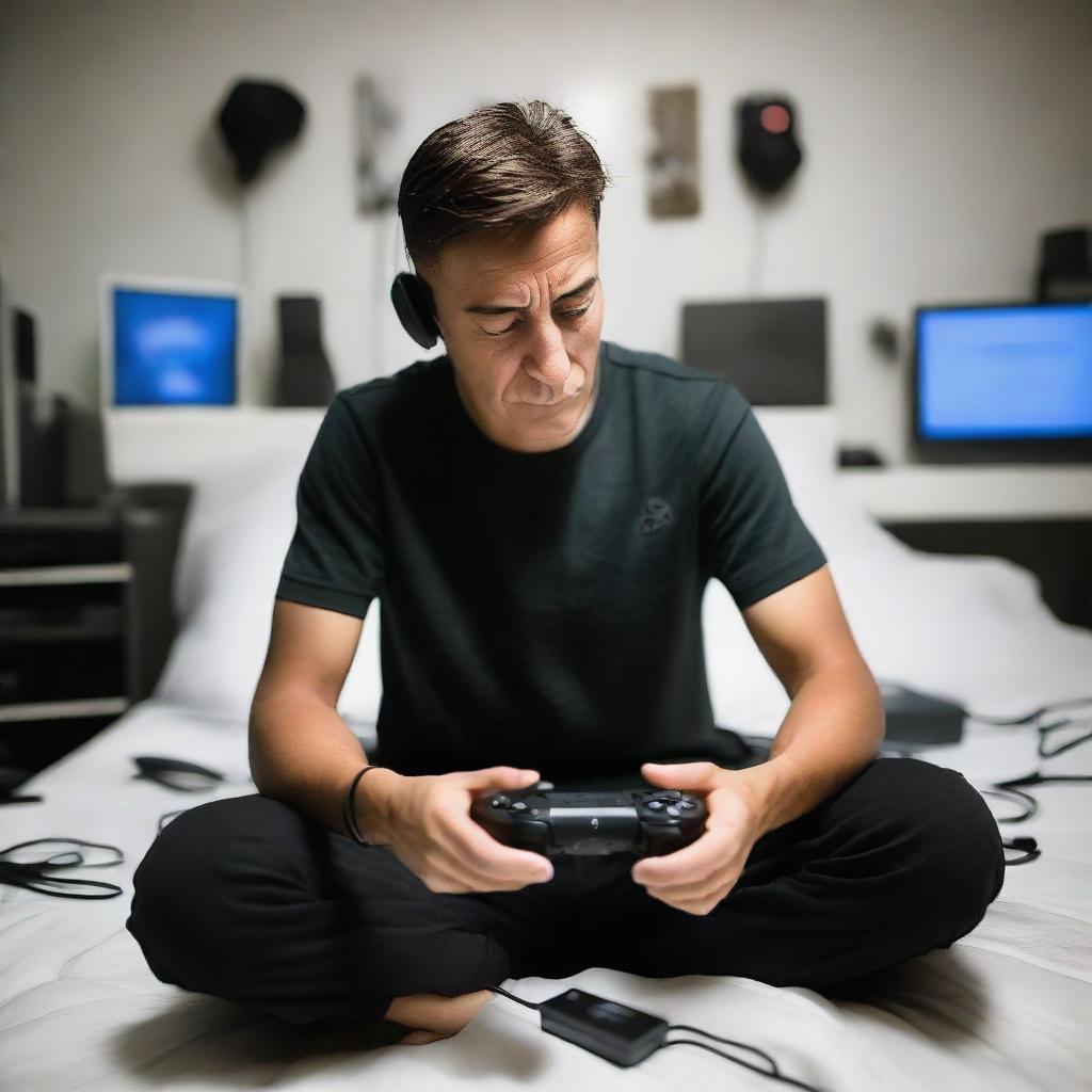 A focused man sitting on a bed holding a Playstation controller, surrounded by ten humming, high-tech computers in the background.