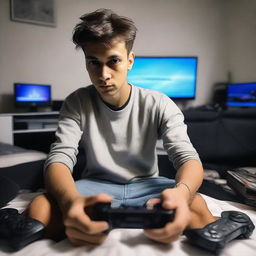 A focused man sitting on a bed holding a Playstation controller, surrounded by ten humming, high-tech computers in the background.