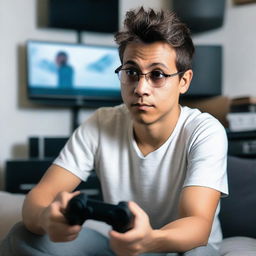 A focused man sitting on a bed holding a Playstation controller, surrounded by ten humming, high-tech computers in the background.