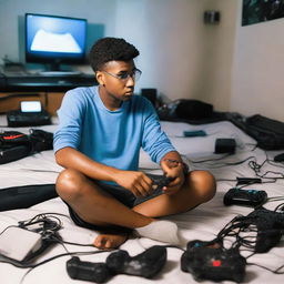 A focused man sitting on a bed holding a Playstation controller, surrounded by ten humming, high-tech computers in the background.