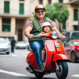 A slim 47-year-old man with squinted eyes, riding a Saturn red Vespa Exclusive 150, wears a brown vest, green striped shirt, and white helmet. He's carrying a 3-year-old child with squinted eyes, wearing an orange vest and baseball cap.