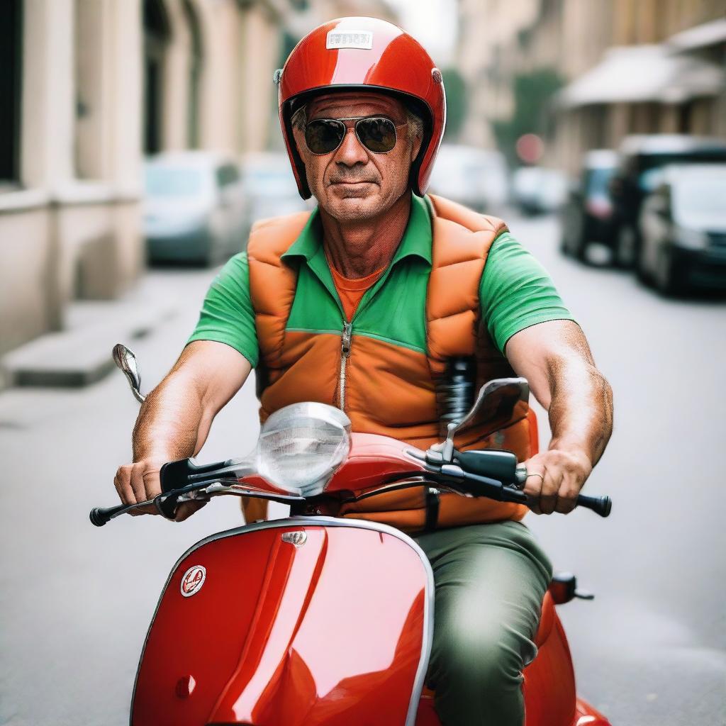 A slim 47-year-old man with squinted eyes, riding a Saturn red Vespa Exclusive 150, wears a brown vest, green striped shirt, and white helmet. He's carrying a 3-year-old child with squinted eyes, wearing an orange vest and baseball cap.