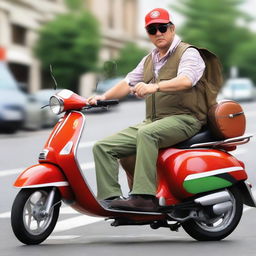 A slim 47-year-old man with squinted eyes, riding a Saturn red Vespa Exclusive 150, wears a brown vest, green striped shirt, and white helmet. He's carrying a 3-year-old child with squinted eyes, wearing an orange vest and baseball cap.