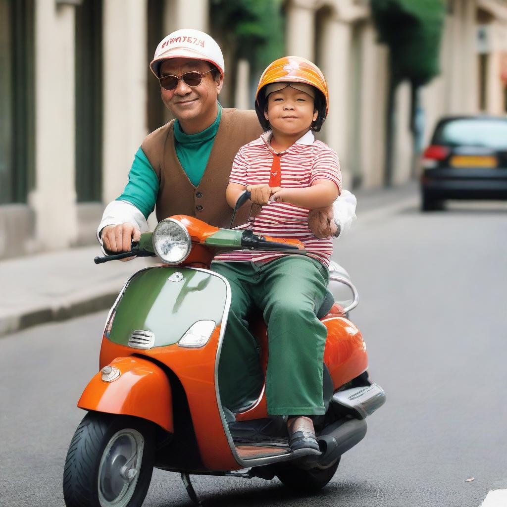 A slim 47-year-old man with squinted eyes, riding a Saturn red Vespa Exclusive 150, wears a brown vest, green striped shirt, and white helmet. He's carrying a 3-year-old child with squinted eyes, wearing an orange vest and baseball cap.