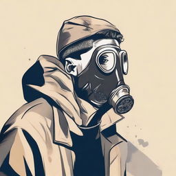 Illustration of a determined man in his late 20s wearing a gas mask