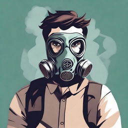 Illustration of a determined man in his late 20s wearing a gas mask