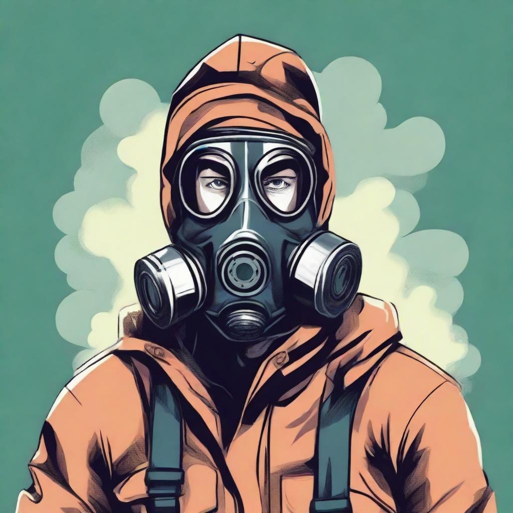 Illustration of a determined man in his late 20s wearing a gas mask