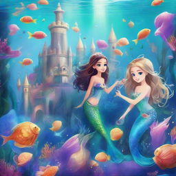 A vibrant underwater scene featuring magical mermaids with sparkling tails, scattered seashells, and a majestic underwater castle.