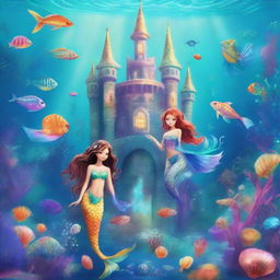 A vibrant underwater scene featuring magical mermaids with sparkling tails, scattered seashells, and a majestic underwater castle.