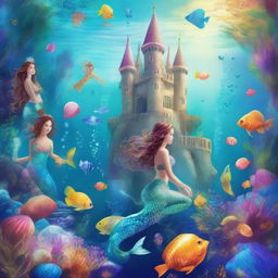 A vibrant underwater scene featuring magical mermaids with sparkling tails, scattered seashells, and a majestic underwater castle.