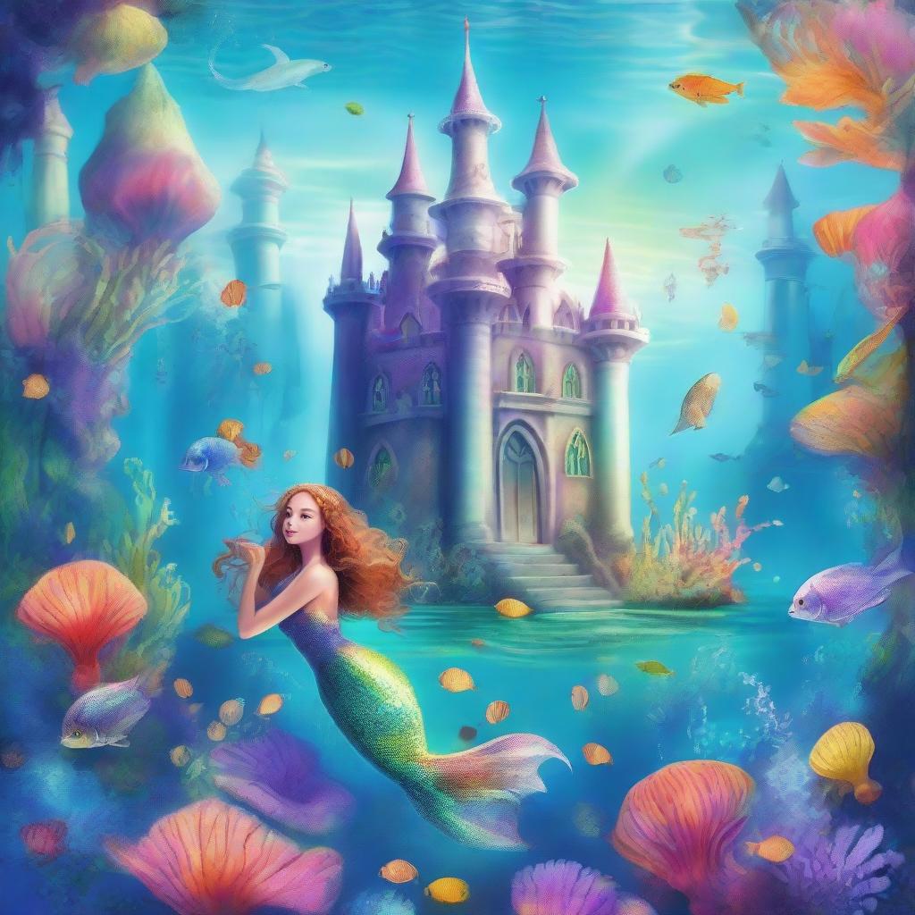 A vibrant underwater scene featuring magical mermaids with sparkling tails, scattered seashells, and a majestic underwater castle.