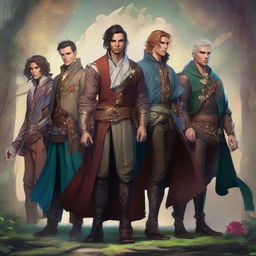 Eccentric and captivating male characters from various fantasy realms, showcasing diverse characteristics, outfits, and attributes, all set against a mystical background