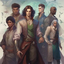 Eccentric and captivating male characters from various fantasy realms, showcasing diverse characteristics, outfits, and attributes, all set against a mystical background