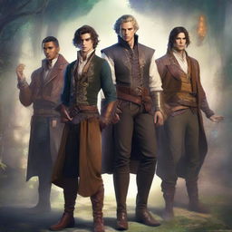 Eccentric and captivating male characters from various fantasy realms, showcasing diverse characteristics, outfits, and attributes, all set against a mystical background