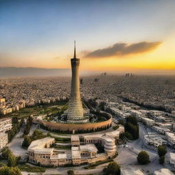 A scenic view of Tehran showcasing its unique architecture and bustling city life during a beautiful sunset.