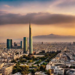 A scenic view of Tehran showcasing its unique architecture and bustling city life during a beautiful sunset.