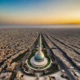 A scenic view of Tehran showcasing its unique architecture and bustling city life during a beautiful sunset.