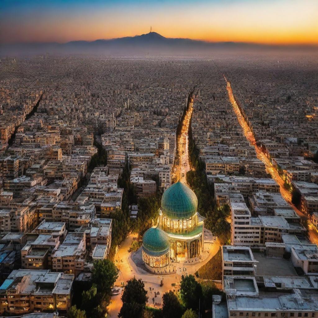 A scenic view of Tehran showcasing its unique architecture and bustling city life during a beautiful sunset.