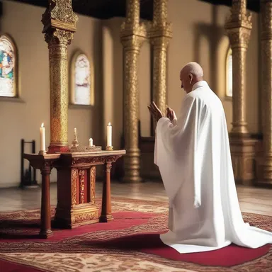 The priest stood obliquely to the altar, performing the sacred ritual.