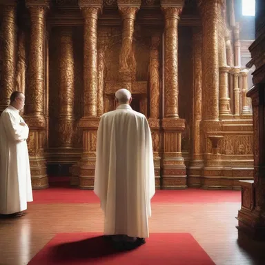 The priest stood obliquely to the altar, performing the sacred ritual.