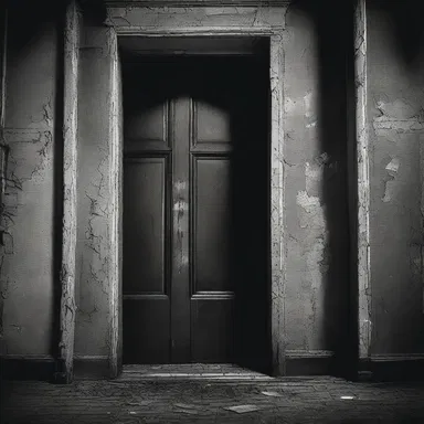 The door creaked open obliquely, revealing the eerie darkness of the haunted house.